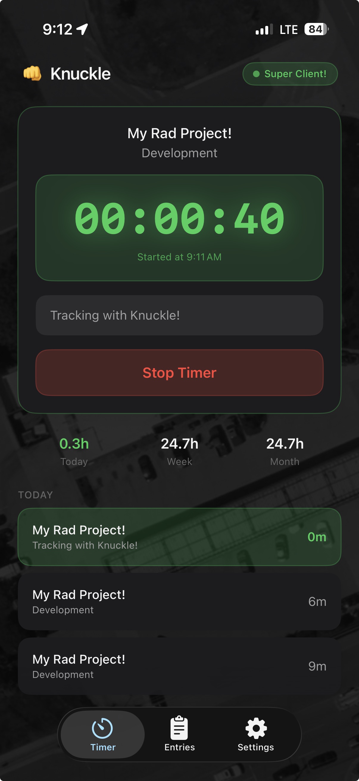 Knuckle app showing automatic time tracking