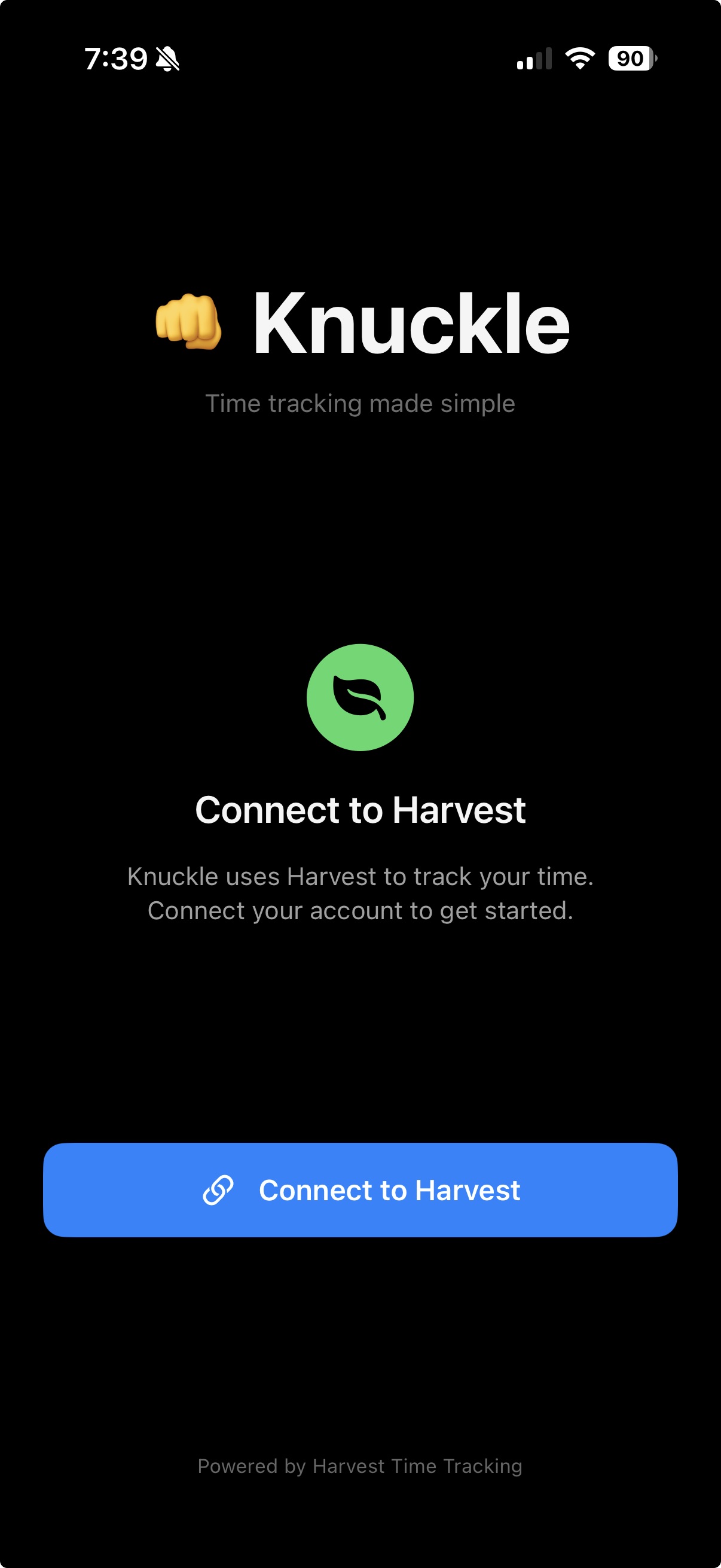 Connect Harvest screen