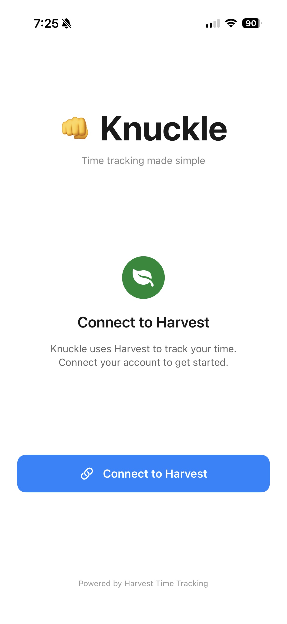 Connect Harvest screen